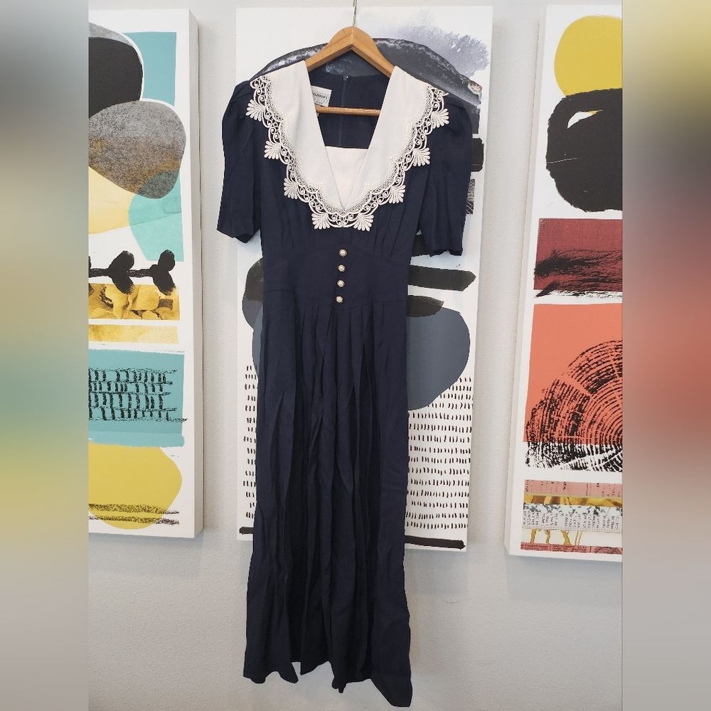 Vintage 1980 S.L. Fashions Blue Maxi Dress with Elegant Lace Detail